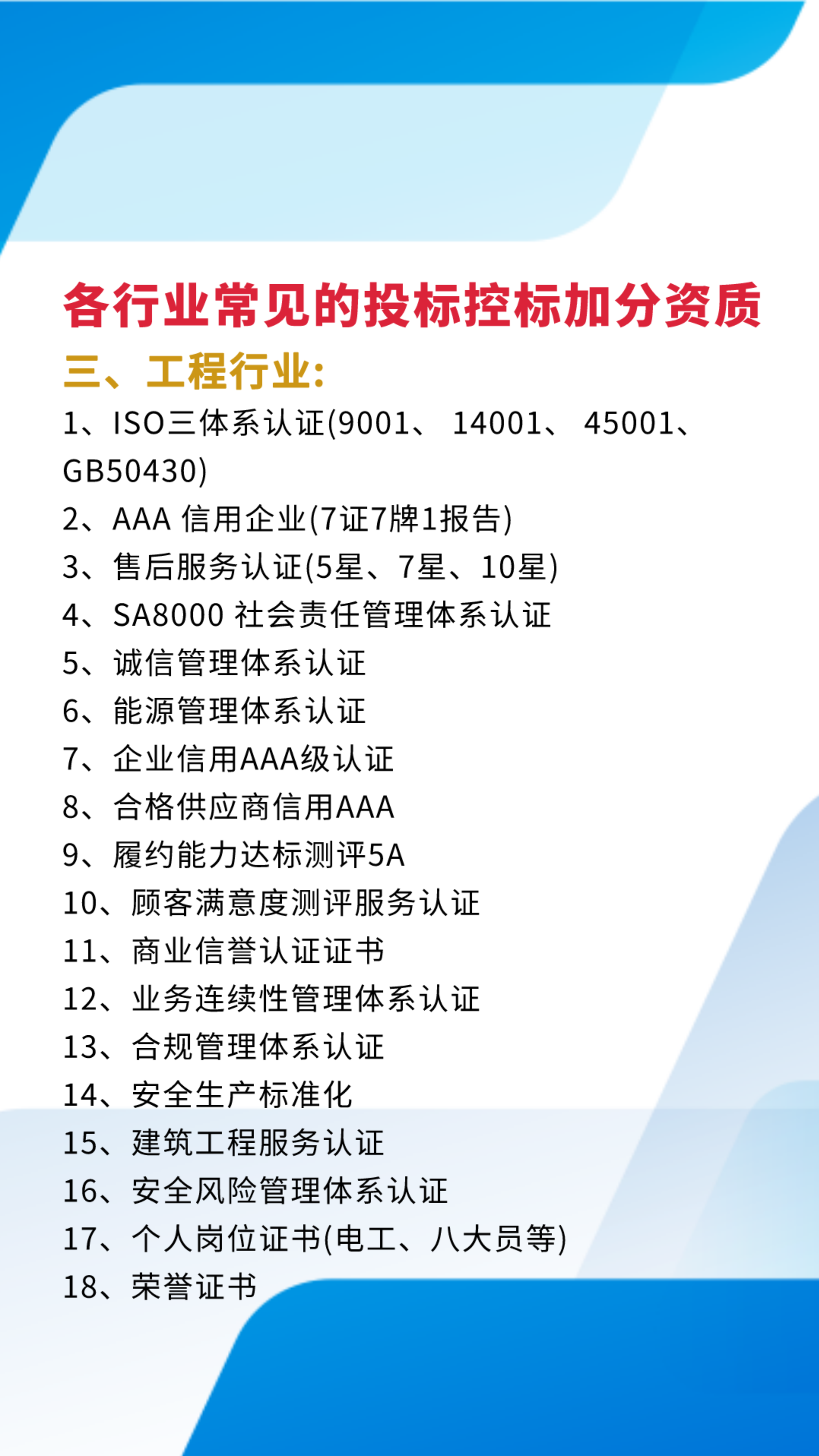 各行业常见的投标控标加分资质