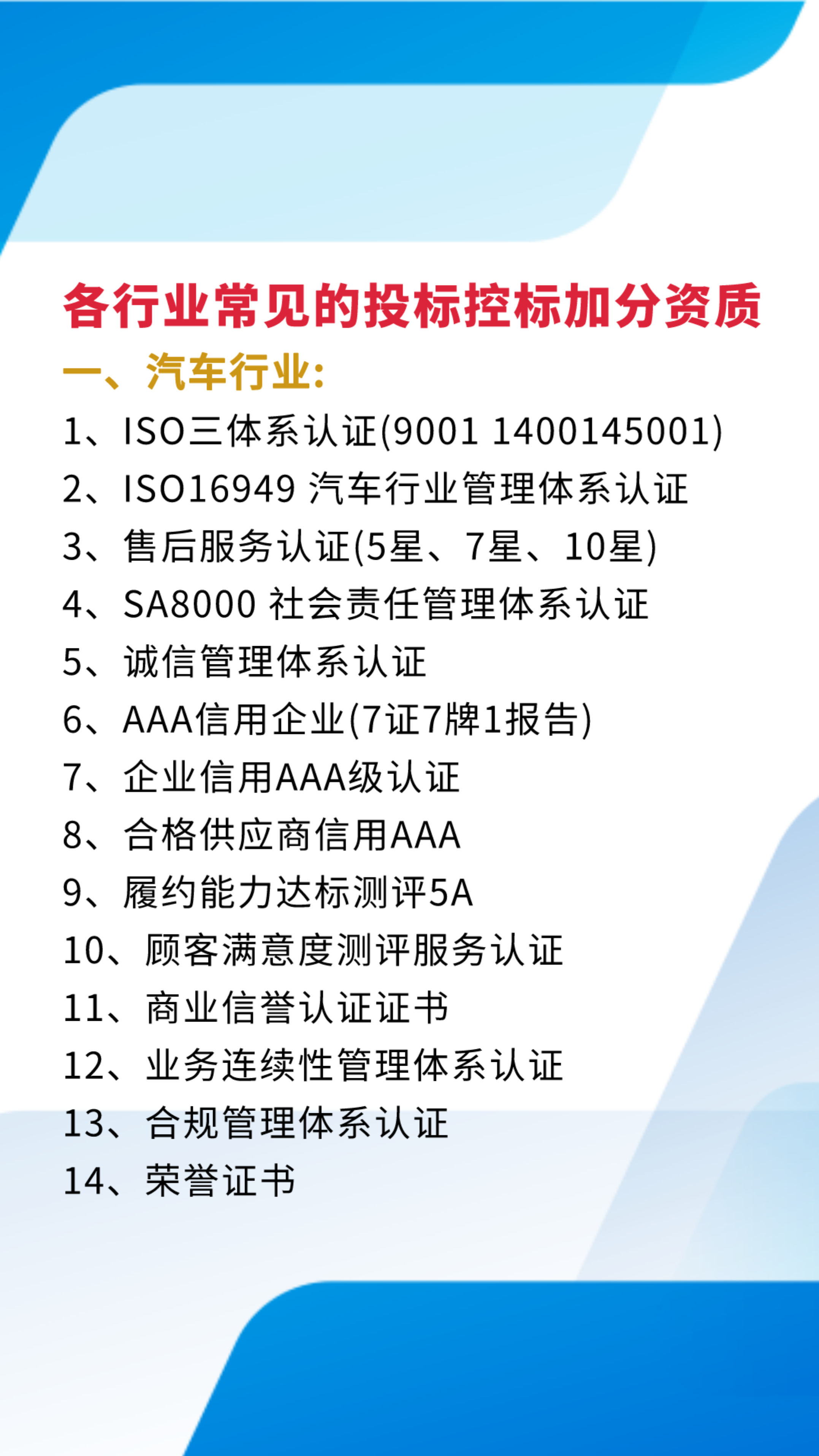 各行业常见的投标控标加分资质